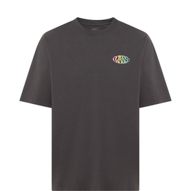 Vans black oversized cotton T-shirt with multicoloured oval logo graphic on chest, short sleeves and crew neck