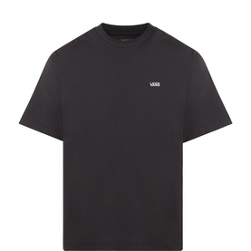 Vans black crew neck T-shirt with small logo patch on left chest, short sleeves, relaxed fit, 100% cotton