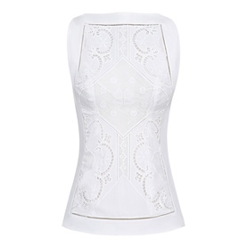 House of CB white sleeveless top with tonal broderie anglaise and scalloped lace panel detailing, structured fit