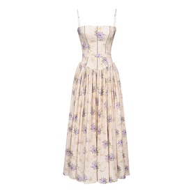 Cream floral midi dress with purple botanical print, thin shoulder straps, fitted bodice, and pleated full skirt