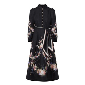 Zimmermann Black Bouquet linen midi dress with floral print, button-front placket, long sleeves, and self-tie belt