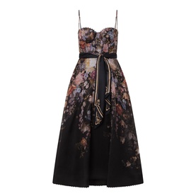Zimmermann Black Floral linen-silk midi dress with sweetheart bodice, spaghetti straps, belted waist and full A-line skirt