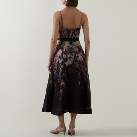 Model wearing Zimmermann Black Floral linen-silk midi dress with spaghetti straps, fitted bodice and flared skirt, back view.