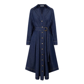 Zimmermann Belted Denim Shirt Dress in Harbour Blue, classic collar, V-neck, long sleeves, D-ring belt, flared midi skirt, gold-tone buttons