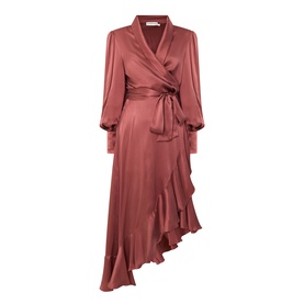 Zimmermann Blush Rose silk wrap dress with long sleeves, tie waist, asymmetric hemline, and ruffle trim detail