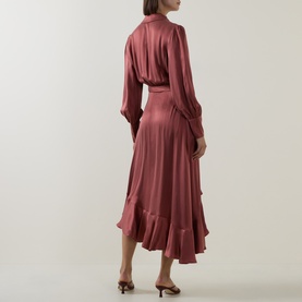 Model wearing Zimmermann Blush Rose silk midi dress, back view, featuring long sleeves, tie waist, and ruffled asymmetric hem