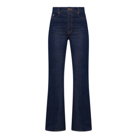 Zimmermann Harbour Blue high-waist flare jeans in dark denim with wide leg silhouette and gold-tone hardware