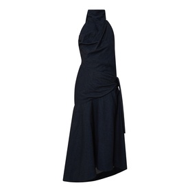 Zimmermann dress in Night Sky, halterneck with ruched side detail, asymmetric hem and self-tie waist, 100% cotton