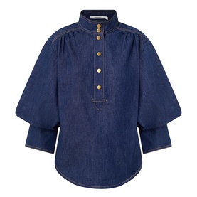 Zimmermann Harbour Blue denim shirt with mandarin collar, gold buttons, puffed three-quarter sleeves and curved hem
