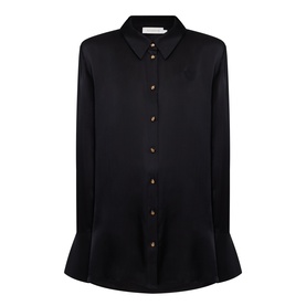 Zimmermann Valiant Silk Shirt in black with classic collar, gold-tone statement buttons, long sleeves, flared cuffs and curved hem