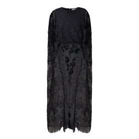 Zimmermann Valiant Lace Caped Blouse in black with round neckline, long cape sleeves, scalloped lace trim and cropped silhouette
