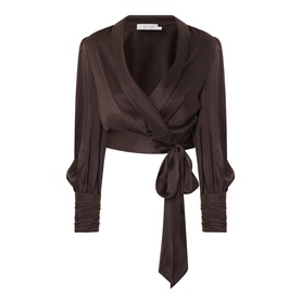 Zimmermann Bitter Chocolate silk wrap top with tie waist, V-neckline, long sleeves and ruched cuffs