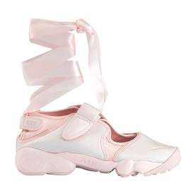 Pink Nike Air Rift split-toe trainer with long satin ribbon ankle wrap and velcro strap, chunky white outsole