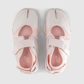 Nike Rift split-toe sandals in pale pink, velcro straps, overhead flat lay view showing both shoes