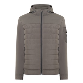 Bugatti Dynamic Padded Jacket in olive with quilted front panels, zip fastening, hood with drawcord, and sleeve badge pocket
