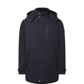 Bugatti navy casual jacket with detachable hood, zip chest pocket, and side hand pockets in 100% polyester