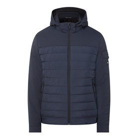 Bugatti Quilted Hooded Jacket in blue with horizontal quilted bodice, zip-through fastening, toggle hood, and sleeve logo patch