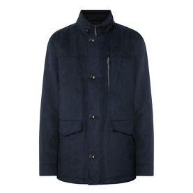 Navy wool-blend field jacket with button front, zip detail, high collar, and patch pockets