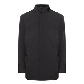 Bugatti Rain Series Parka Jacket in black with stand collar, concealed zip placket, angled side pockets, and logo badge on sleeve.