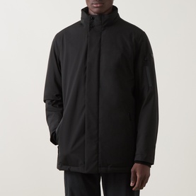 Model wearing Bugatti Rain Series Parka Jacket in black with stand collar, concealed zip placket and angled side pockets.