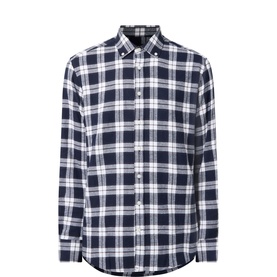Bugatti navy check casual shirt in 100% cotton, featuring button-down collar and chest pocket, long sleeves with curved hem
