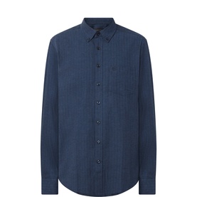 Bugatti navy cotton casual shirt with button-down collar, chest pocket, and curved hem