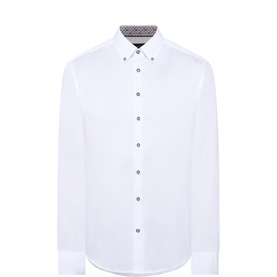 Bugatti white cotton casual shirt with button-down collar, contrast printed inner collar trim and decorative button detailing