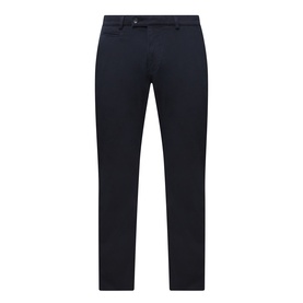 Navy slim-fit chino trousers with elasticated waistband and clean-finish hem, flat lay