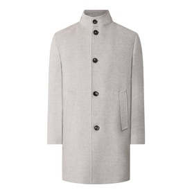 Bugatti Logo Longline Coat in stone with stand-up collar, front button fastening, and two angled welt pockets