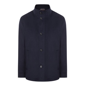 Bugatti Short Wool Car Coat in navy with stand collar, button fastenings, and side pockets