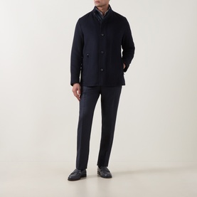 Model wearing Bugatti Short Wool Car Coat in navy, styled with navy trousers and black leather shoes.