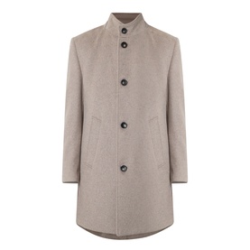 Bugatti beige wool-blend coat with funnel neck, single-breasted button front, and welt pockets