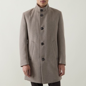 Model wearing Bugatti beige wool-blend coat with funnel neck, single-breasted button front and front welt pockets.