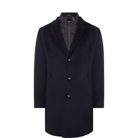 Bugatti navy wool-blend coat with notch lapels, three-button front fastening, and contrast quilted inner bib insert