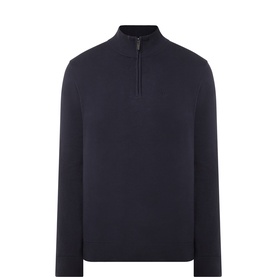 Bugatti navy cotton half-zip knitwear with ribbed collar and long sleeves, ghost mannequin shot
