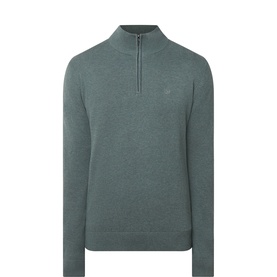 Bugatti green cotton half-zip knitwear with quarter zip collar and tonal embroidered logo to chest