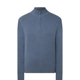 Bugatti Logo Half-Zip Sweater in slate blue, funnel neck, half-zip fastening, ribbed trims, tonal chest logo, knit construction