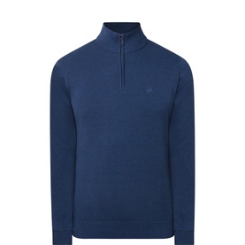 Bugatti Logo Half-Zip Sweater in denim blue, funnel neck, half-zip fastening, tonal chest logo, ribbed trims, knit construction