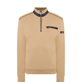 Bugatti Logo Suede Trim Half-Zip Sweatshirt in beige with navy funnel neck, half-zip, chest zip pocket, and arm logo badge