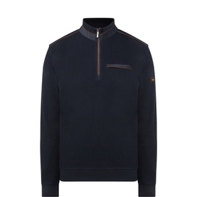 Bugatti Logo Suede Trim Half-Zip Sweatshirt in navy with funnel neck, half-zip, chest zip pocket, and suede trim detailing