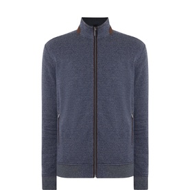 Bugatti grey blue zip-through sweatshirt with ribbed texture, funnel neck, tan zip trim, and side pockets