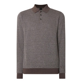Bugatti brown long-sleeve knit polo sweater with contrast collar, button placket, and ribbed cuffs and hem