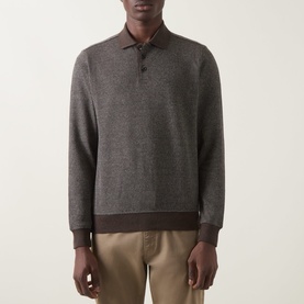 Model wearing Bugatti brown polo-collar sweatshirt with button placket and ribbed cuffs, styled with beige trousers.