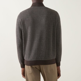 Model wearing Bugatti brown half-zip sweat, rear view, with ribbed cuffs, hem and collar, styled with beige trousers
