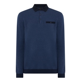 Bugatti Textured Polo Shirt in navy blue, long sleeves, flat collar, three-button placket, chest welt pocket, ribbed trims