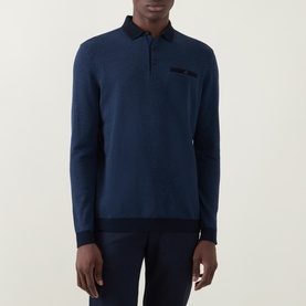 Model wearing Bugatti Textured Polo Shirt in navy blue, long sleeves, three-button placket, chest welt pocket, paired with navy trousers.