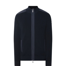 Bugatti Hybrid Logo Badge Zip Cardigan in navy, funnel neck, zip-through fastening, nylon panel contrast, ribbed trims, two side pockets