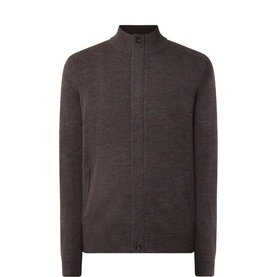 Bugatti brown zip-through knit cardigan with mock neck collar, long sleeves, and full-length zip fastening