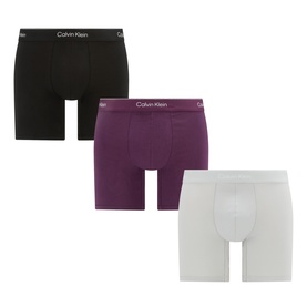 Calvin Klein Boxers 3-Pack in black, harbour mist grey and dark purple, with branded elastic waistbands, 95% cotton