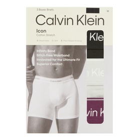 Calvin Klein Icon Cotton Stretch Boxer Briefs 3-pack in black, harbour mist and dark purple, shown in packaging.